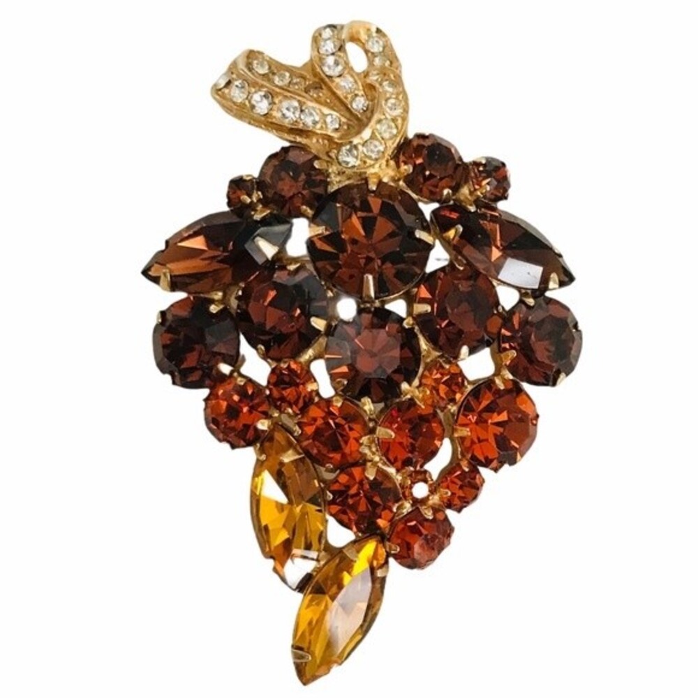 Vintage Prong-set Brown, Amber and Topaz Colored Rhinestone Leaf Brooch with Bow